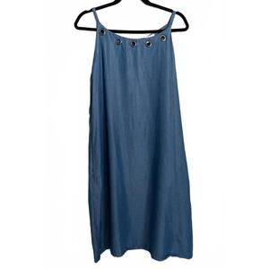 Linea Donna Blue Lyocell Chambray Grommet Neck Midi Dress w/ Pockets Size 12